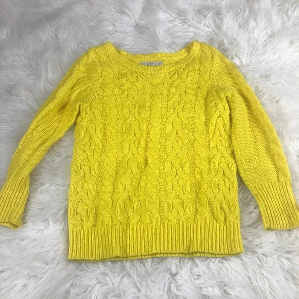 LOFT Ann Taylor Cable Knit Crewneck Pullover Sweater XS Sunshine Yellow 6104
